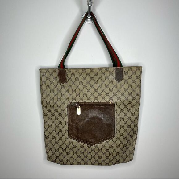 Gucci Vintage Monogram GG Shery Line Coated Brown Tan Strap Striped Bag Tote - Picture 12 of 12